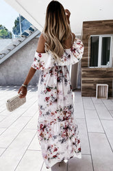 Weißes, schulterfreies Maxikleid mit Blumenmuster